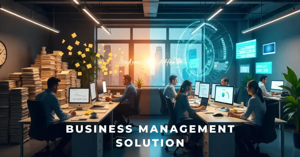 Office before and after a business management solution, from paper stacks to connected digital screens