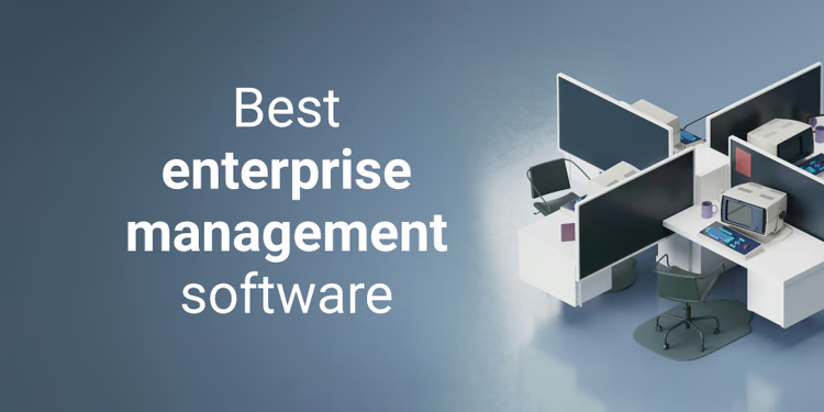 Isometric office workstations illustrating enterprise management software