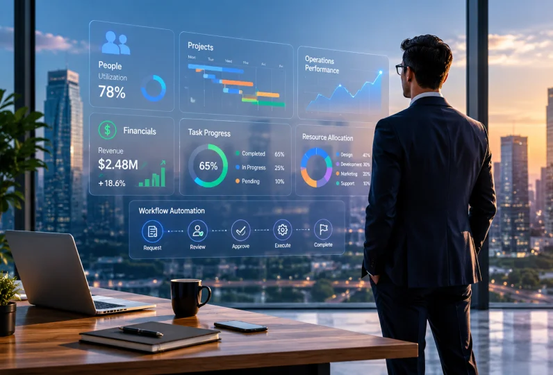 Executive viewing holographic business dashboards for people, projects, finances and operations